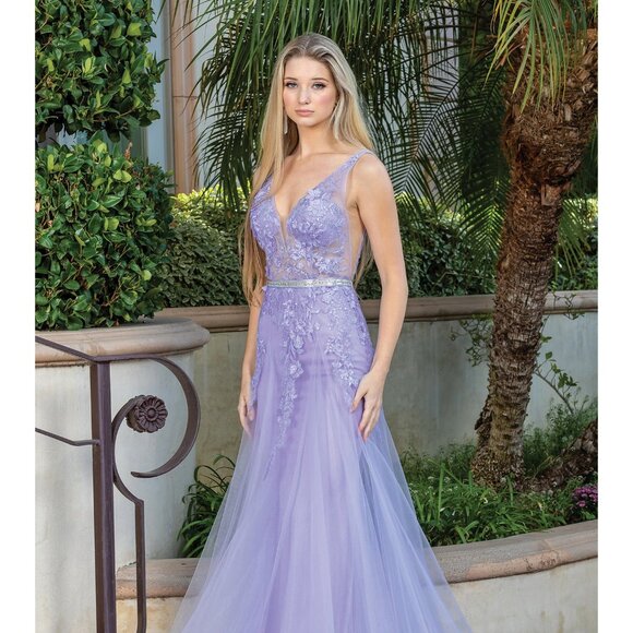 New Sleeveless Mermaid Prom Tulle Gown w/ Floral Applqiue & Deep V-Neck DQ 4311 - Picture 1 of 9